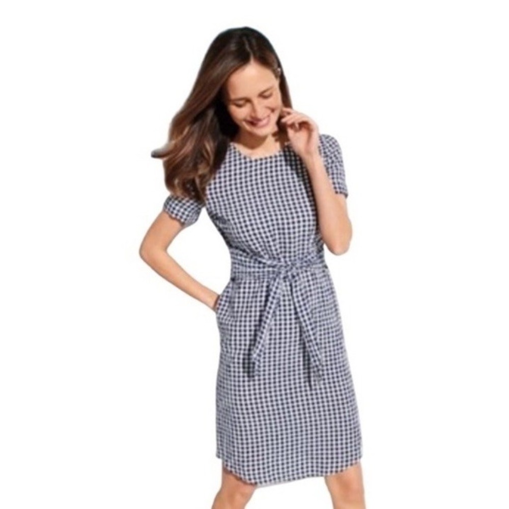 J. McLaughlin Sadie Gingham Dress Navy White Size 4 Linen Cotton Short Sleeve